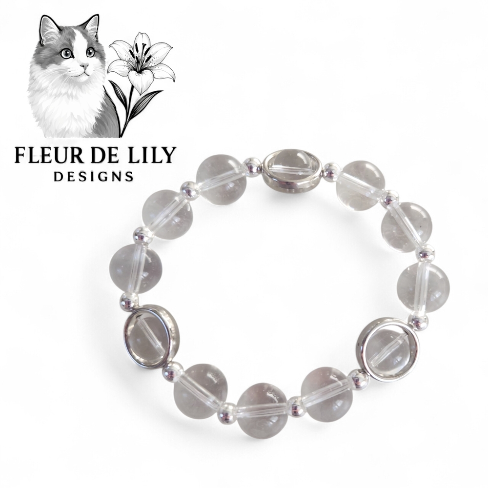 Natural Clear Quartz Bracelet  12mm With Silver  Accents 7.5 Inches
